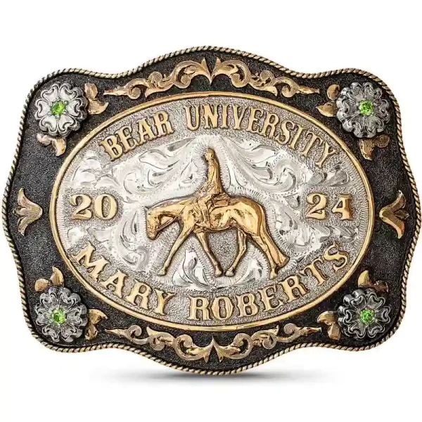 Root for your school with the Bears Belt Buckle! This custom buckle is crafted on a dual-toned base with a hand-engraved and matted finish, featuring a Jeweler's Bronze figure. Complete the look and celebrate your graduation in style!